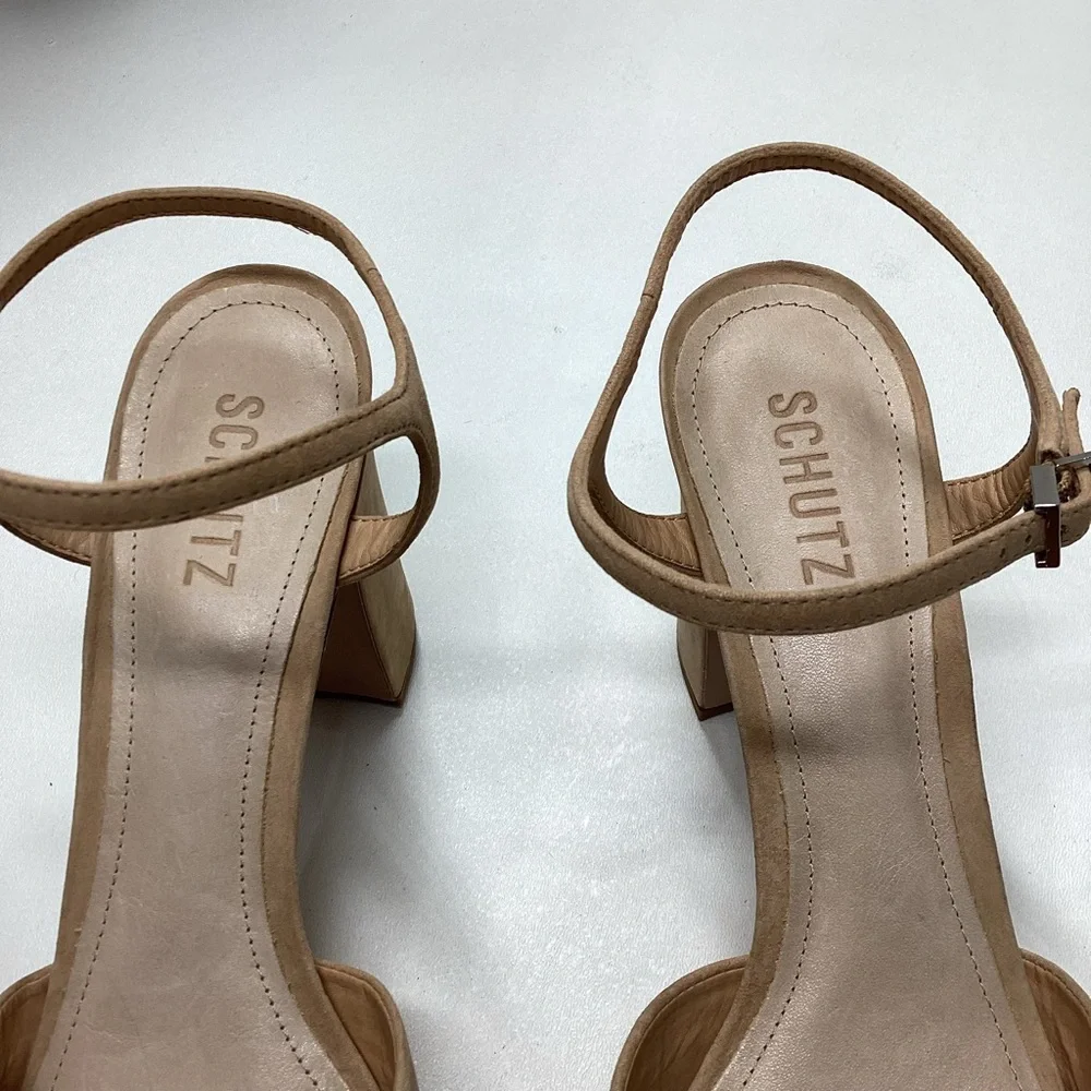Schutz Keefa Suede Beige Platform Ankle Strap Block Heel Sandals Size‎ 11
